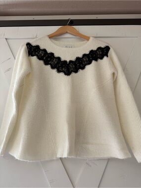 ELLE White Sweater with Black Lace Yoke Detail
